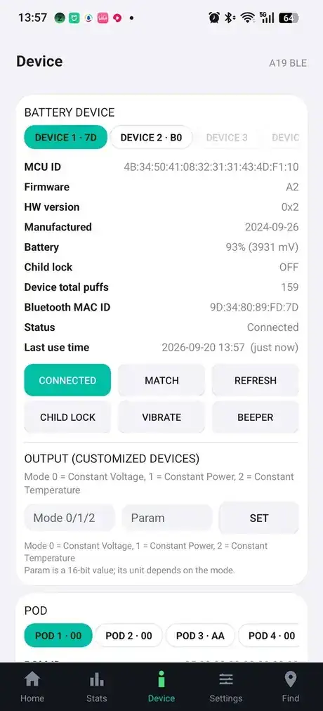 App device screen showing MCU ID, firmware, hardware version, production date and battery