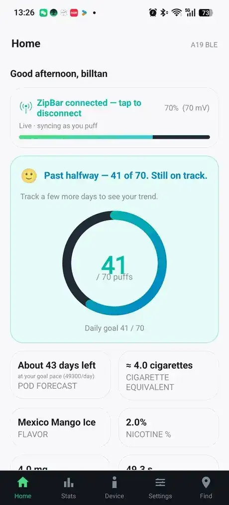 Synbar smart vape app home screen showing daily puff goal, live sync status and flavour in use