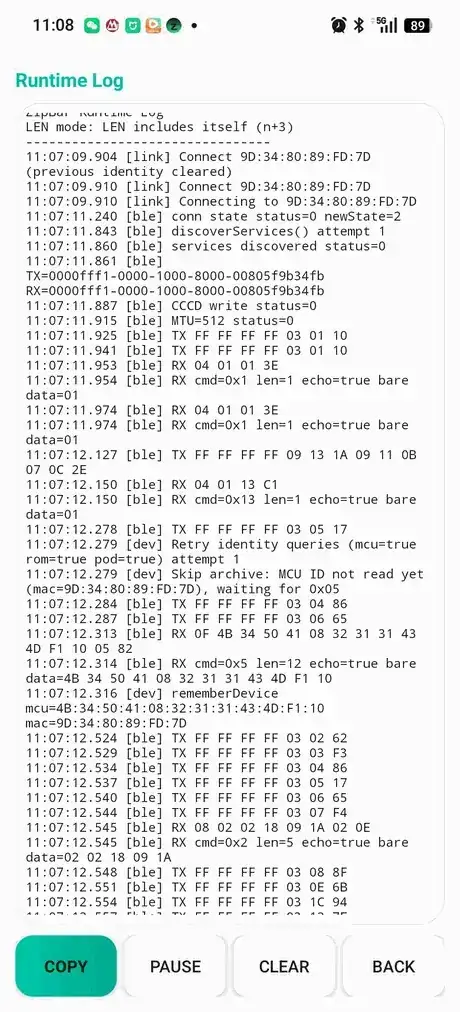 Bluetooth runtime log showing TX and RX command frames