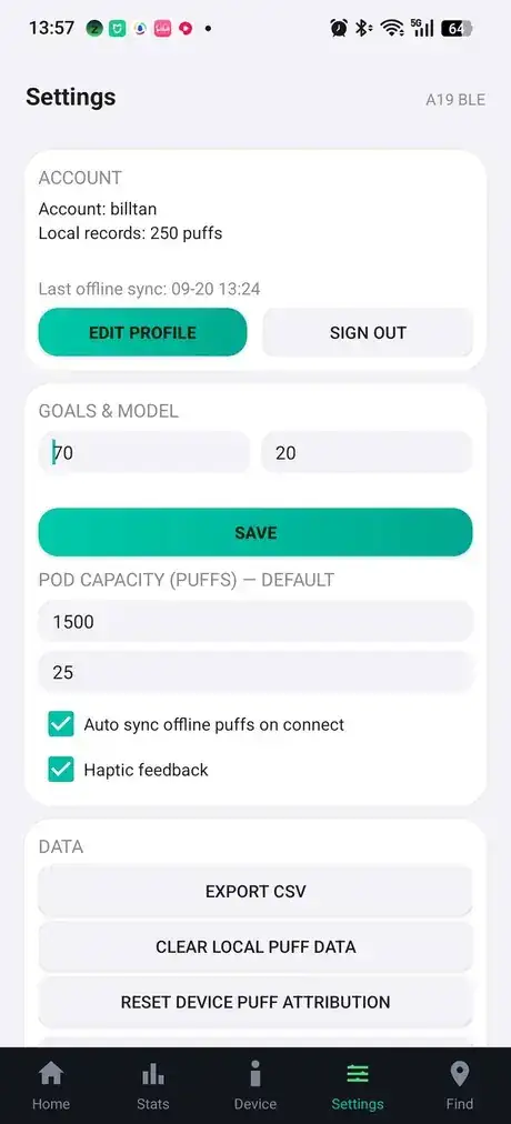 App settings screen showing account, daily goal, default POD capacity and sync options